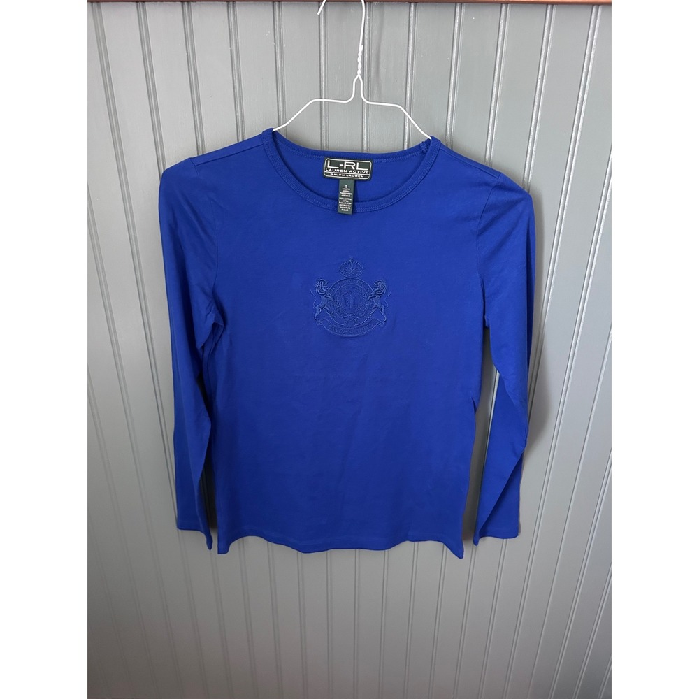 Lauren Ralph Lauren Active‎ Royal Blue Long Sleeve Crest Logo Cotton Top Small